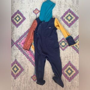 Patagonia Micro D Fleece Bunting in Blue, Yellow, and Orange, in 18-24 mos